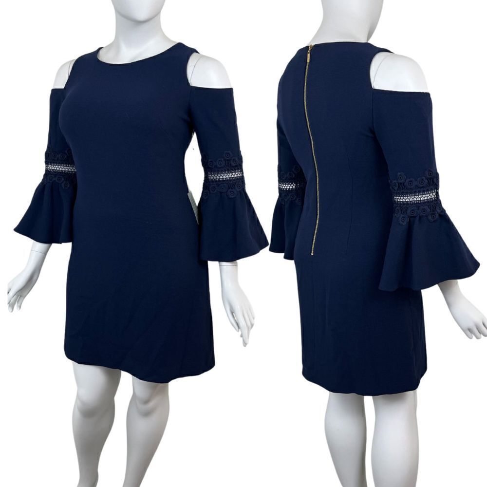 Eliza J Womens Size 14 Blue Lace Appliqué Crepe Bell Sleeve NEW Sheath Dress